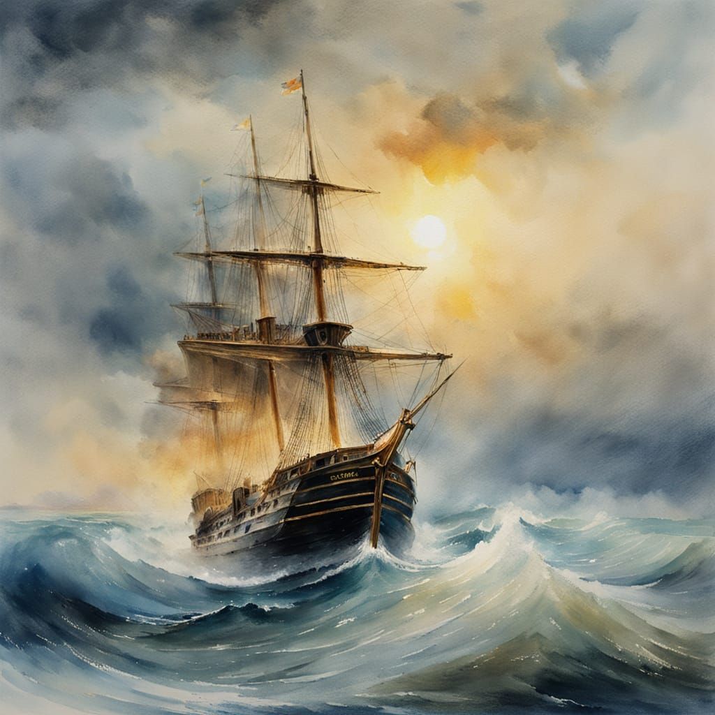 Wooden Ship on Stormy Sea: Watercolour Painting