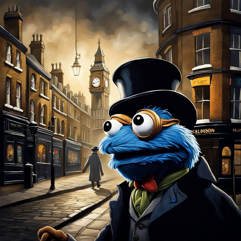 Muppet Sherlock Holmes in Foggy London Street Art
