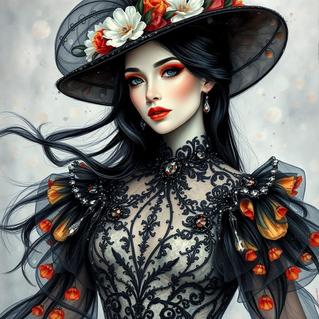 Elegant Woman in Exquisite Gown, Impasto Style