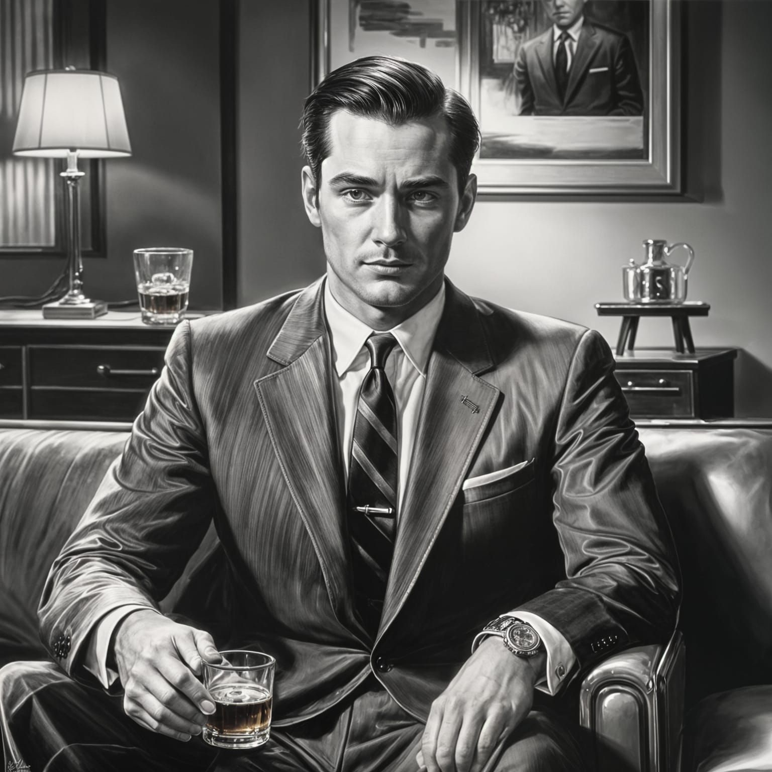 Confident Man in Suit: 1950s Charcoal Portrait