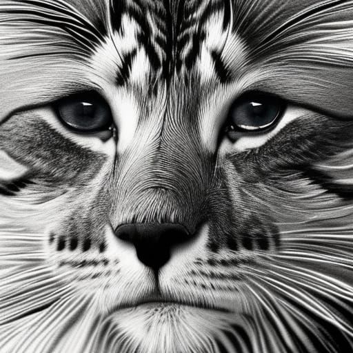 Detailed Pencil Drawing of Cat-Lion with Zebra Stripes