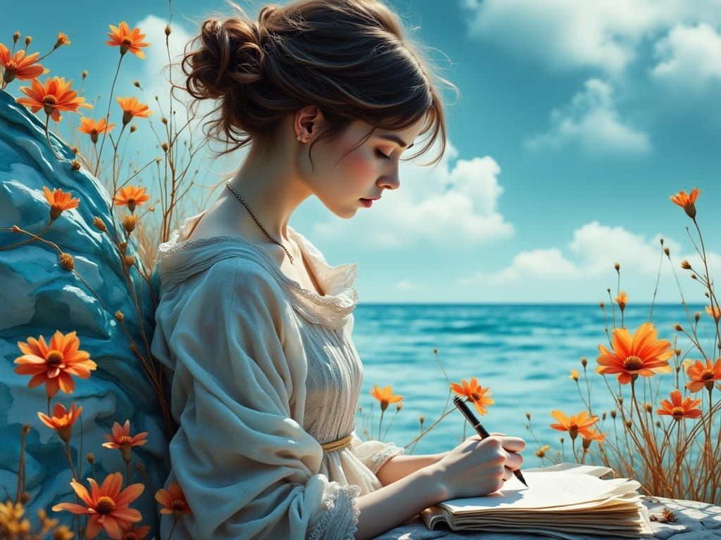 Woman Writes Letter by Ocean: Hyper-Realistic Portrait