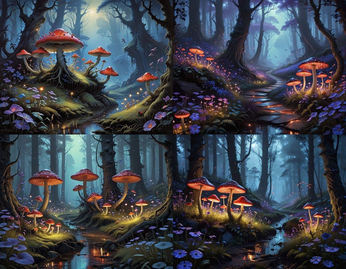 Mystical Forest Scene with Towering Red Mushrooms and Blue F...