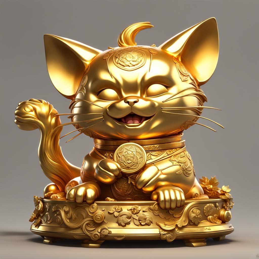 Happy Golden Cat Statue: Bright Art Masterpiece