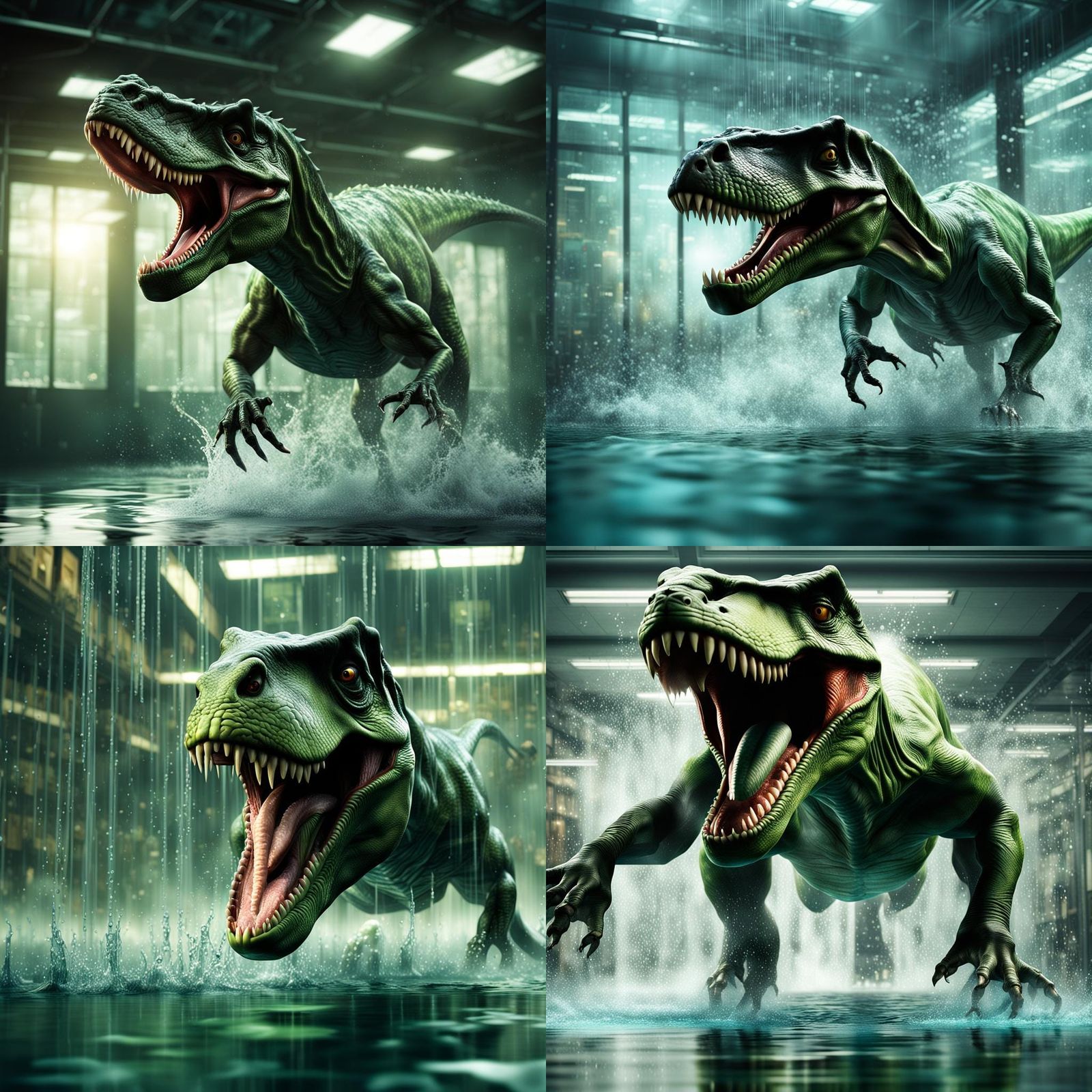 Dinosaur Behind Glass in High-Speed Motion