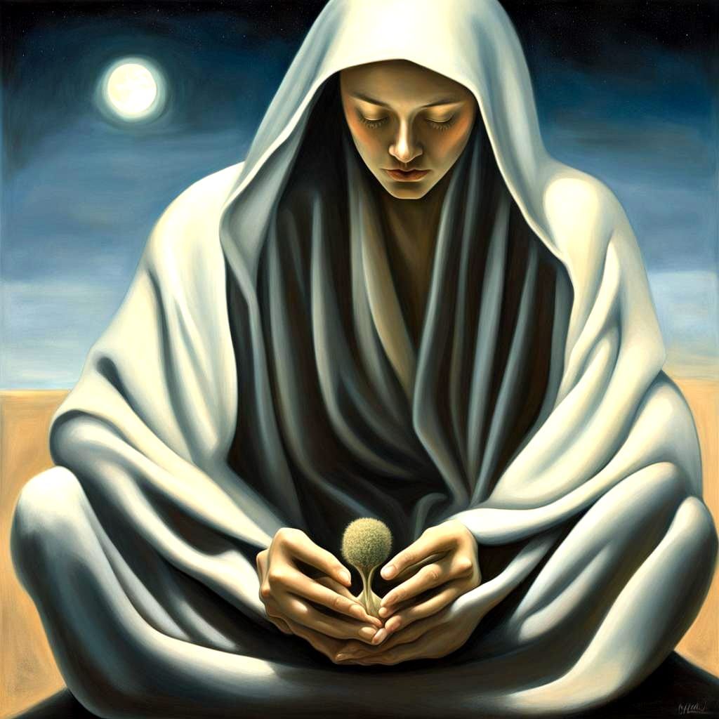 Mystical Figure with Seed: A Surrealist Portrait