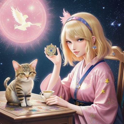 Anime Woman with Tarot Cards and Cat
