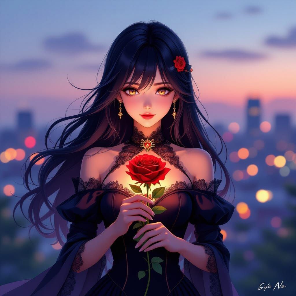 Anime Woman with Glowing Rose in Evening Light