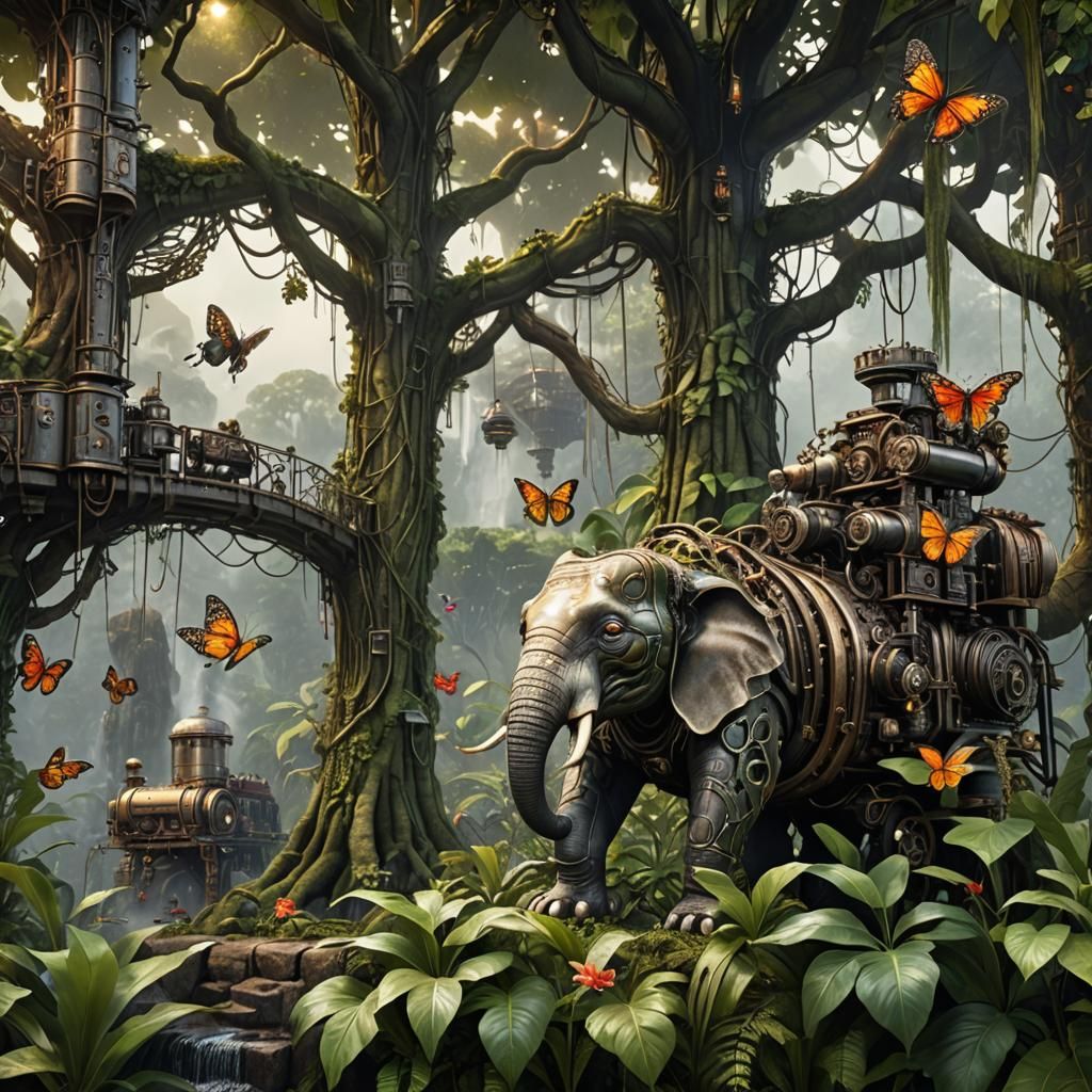 Realistic Jungle Scene with Wildlife and Waterfall