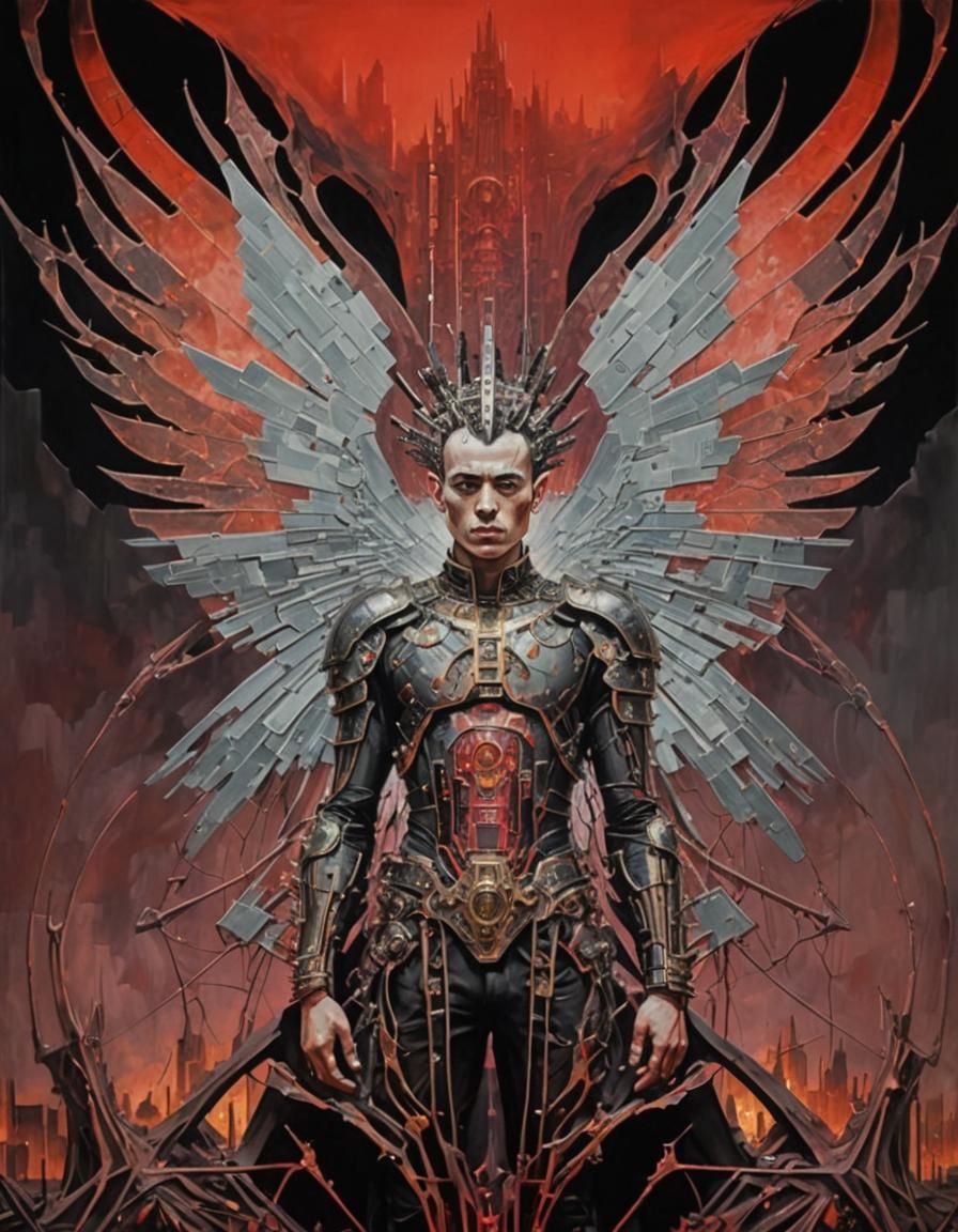 Surrealist Armor-Clad Man in Pixelated Landscape