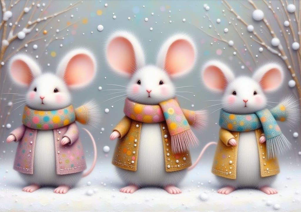 Mice in Winter Scarves: Whimsical Illustration