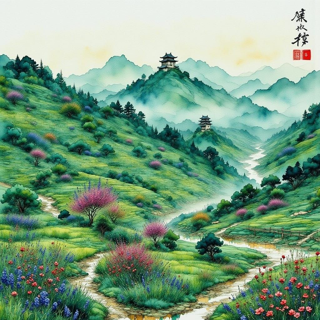 Serene Chinese Countryside Landscape in Antique Watercolor S...