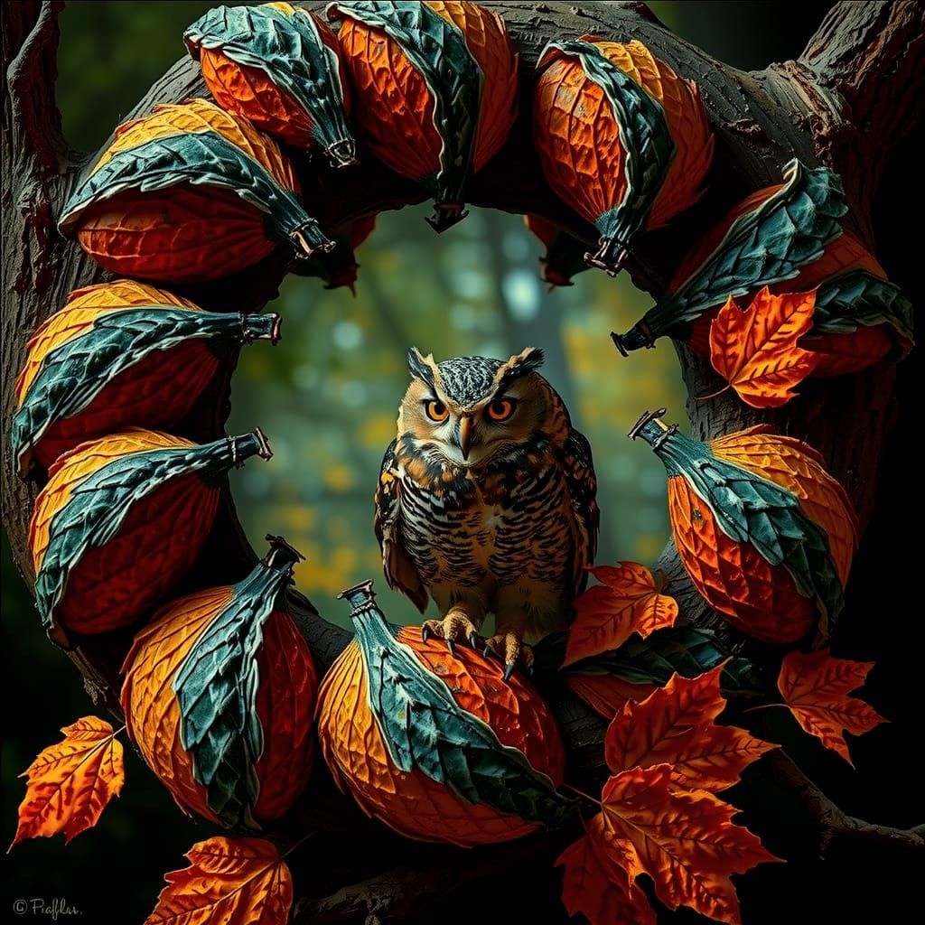 Hyperrealistic Owl on Oak Branch in Golden Forest Light