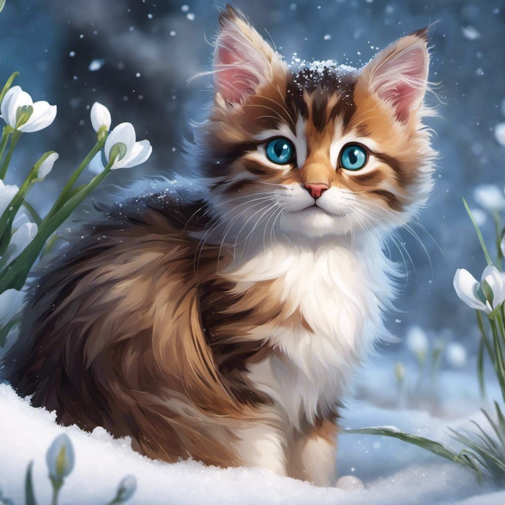 Sasha in the snowdrops on a snowy day