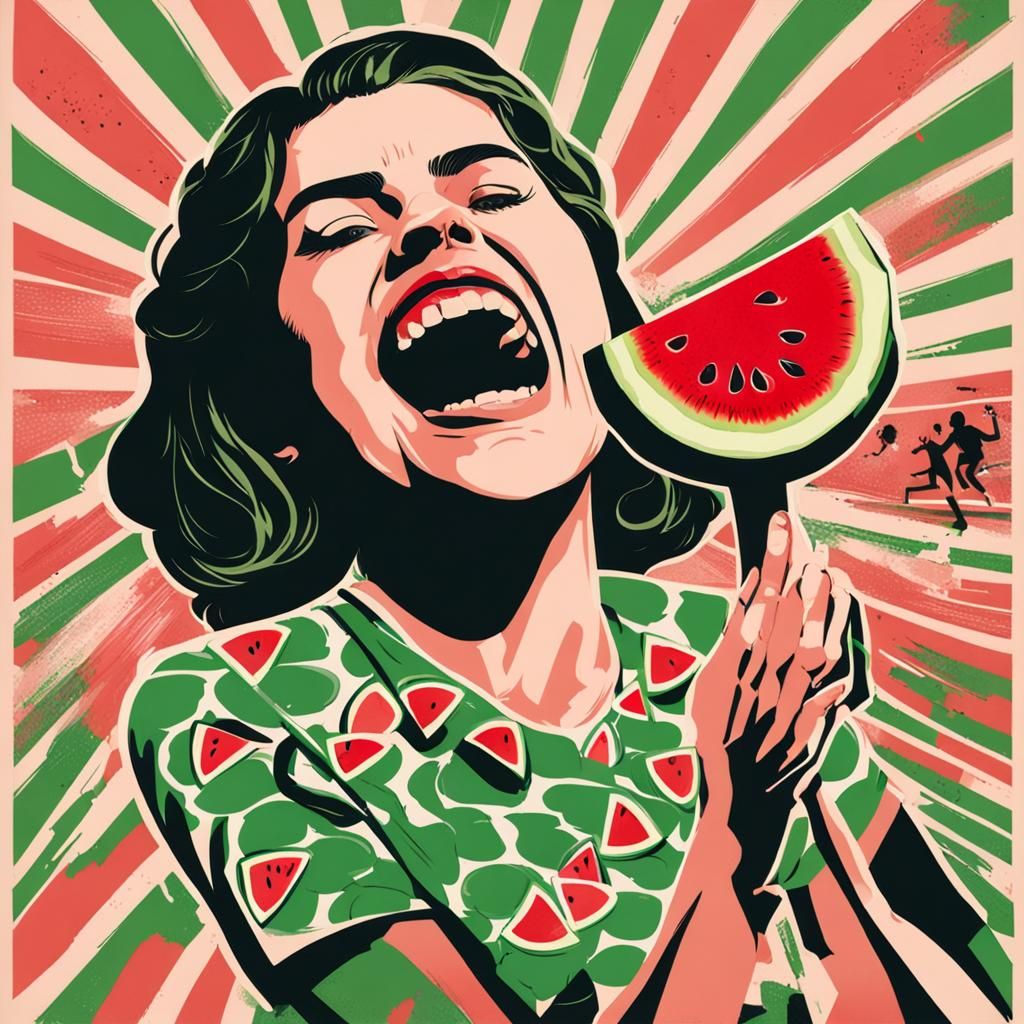 Watermelon Woman Screaming with Shadowed Boy