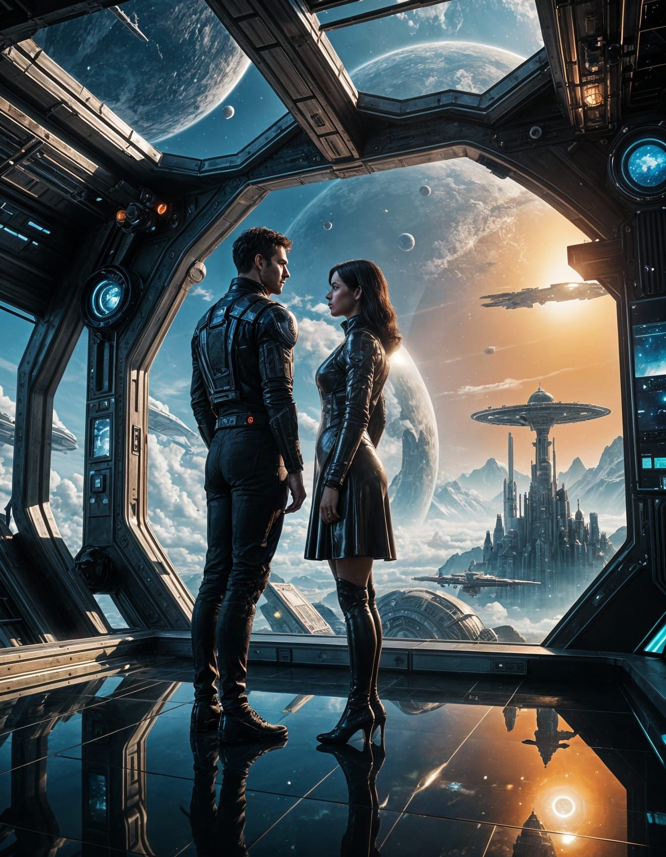 Gothic Space Station with Expectant Couple and Earth-Like Pl...