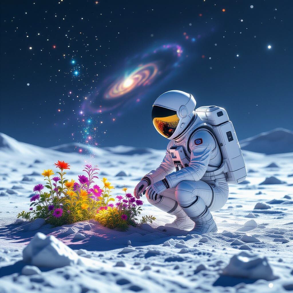 Astronaut Tends Alien Garden on Moon Under Nebula Light