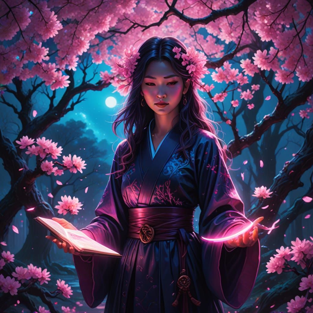 Japanese Witch Casts Spell Under Glowing Cherry Blossom Tree