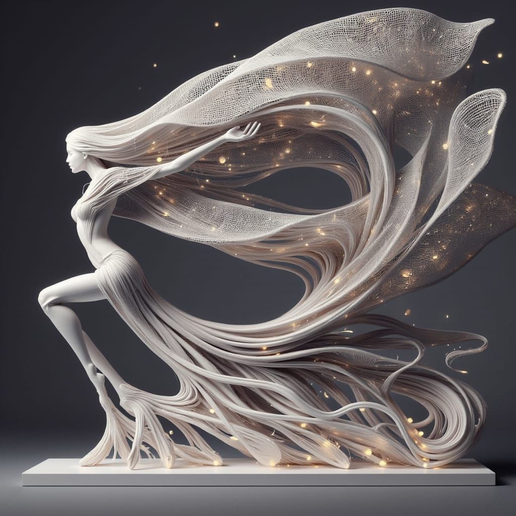 Ethereal Figure in Mid-Motion, Polished Pearlescent Material...