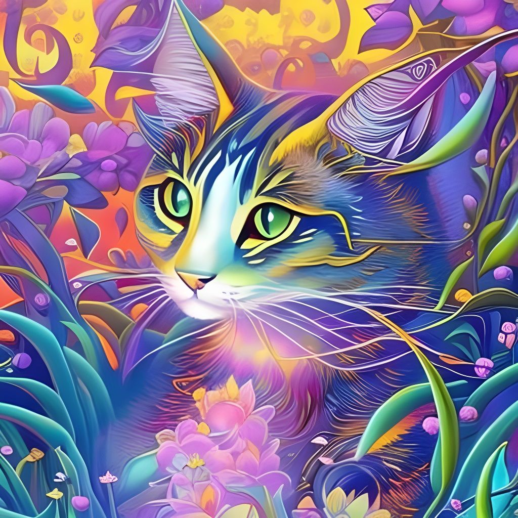 Cute Chibi Cat in Colorful Fantasy Garden