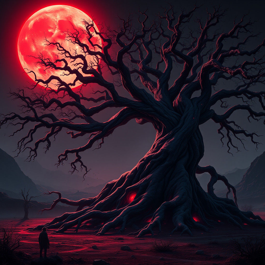 Iggdrasil Tree Under Blood Moon in Dark Fantasy