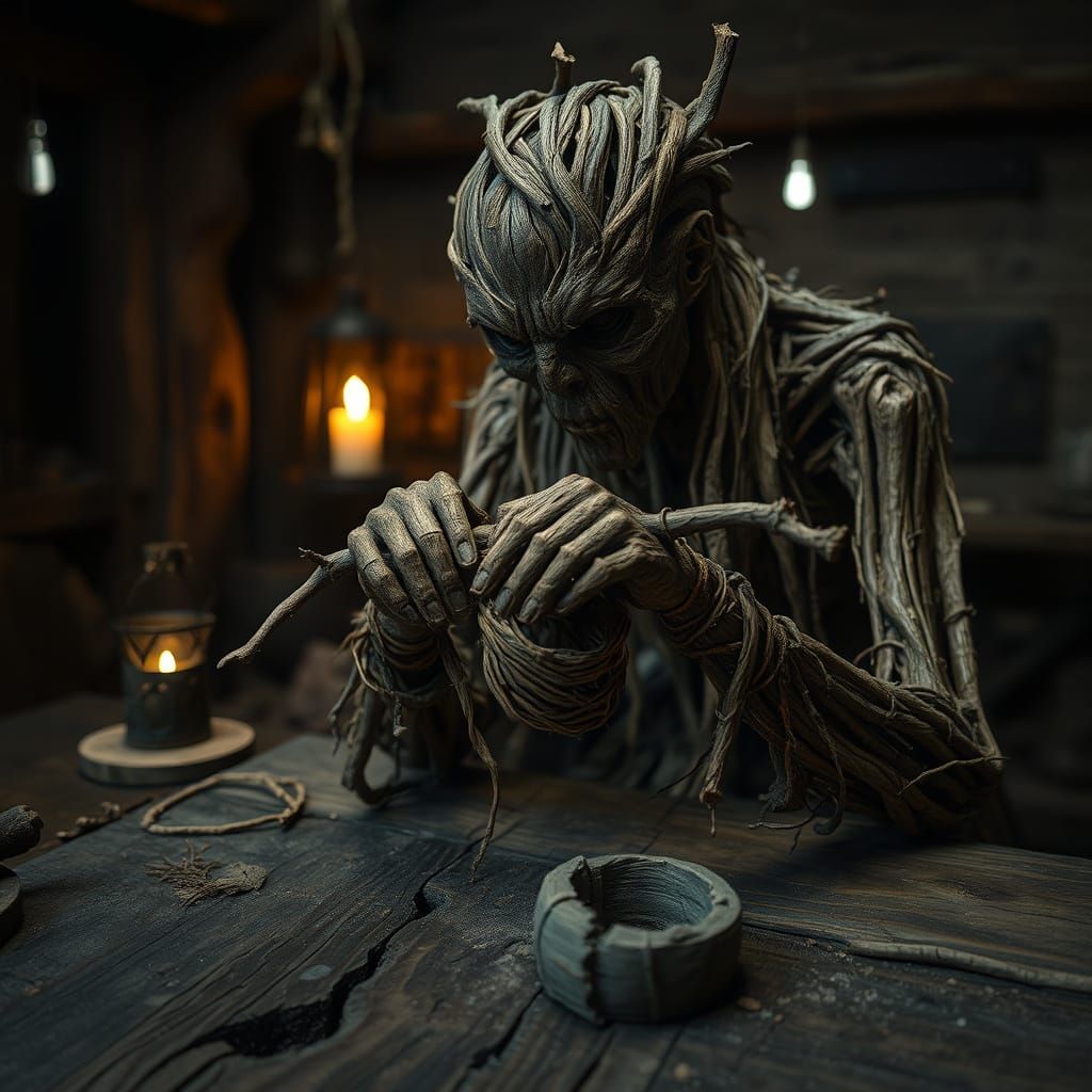 Wooden Witchcraft: Cinematic Film Still of a Wood Witch