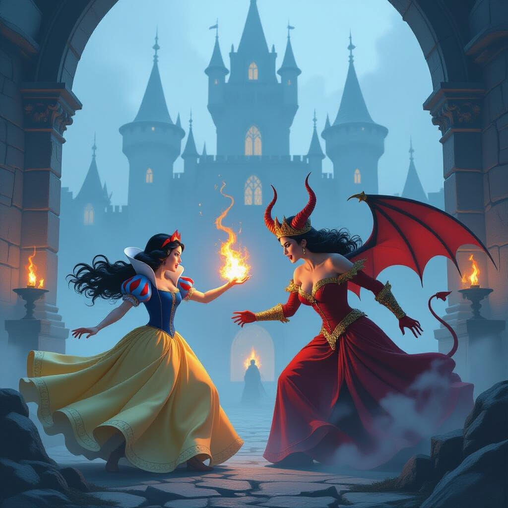 Snow White Battles Fiery Devil Queen in Castle Tower