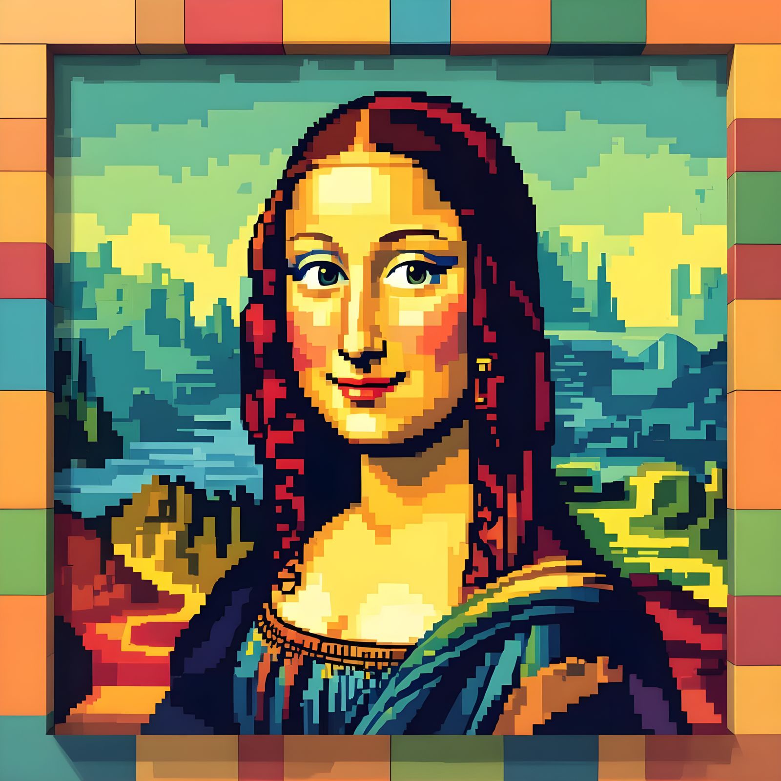 Lego Mona Lisa Portrait in Pixel Art Style