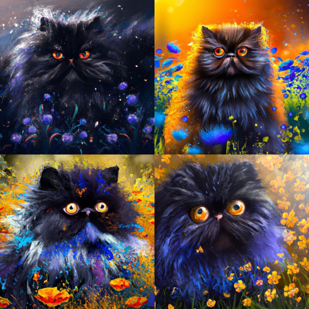 Black Persian Cat in Blue Flower Meadow