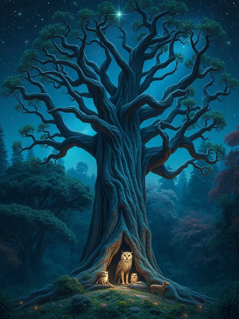 Majestic Ancient Tree in Lush Forest, Radiant with Magic and...