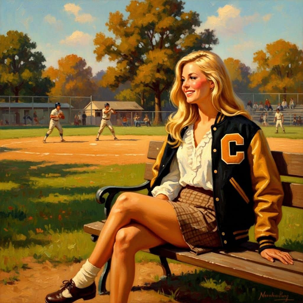 Nostalgic 1972 Scene: Woman Watches Softball Game