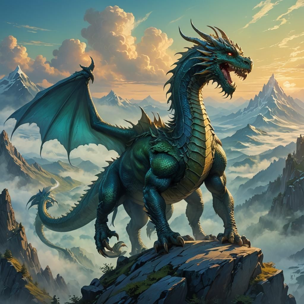 Majestic Dragon on Misty Peak: Fantasy Art