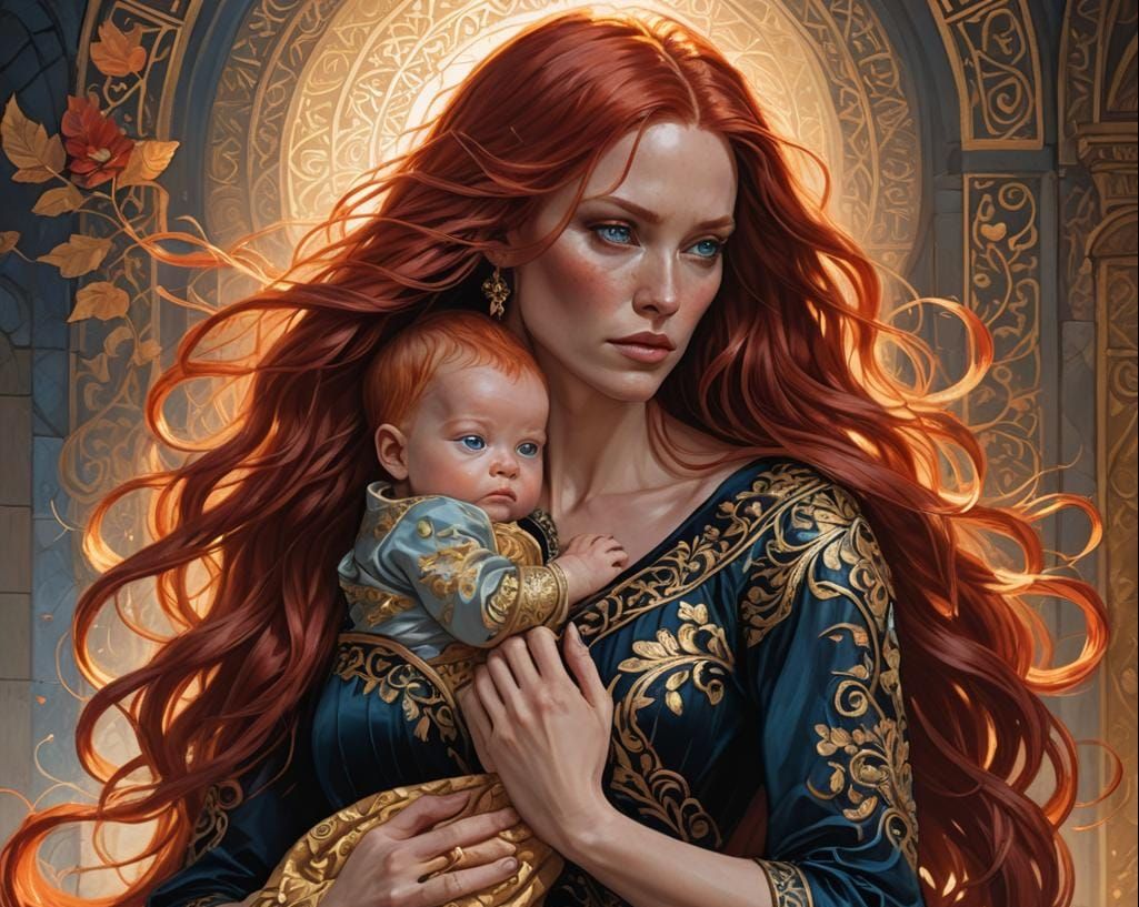 female has very long red hair, blue eyes,and wearing red clo...