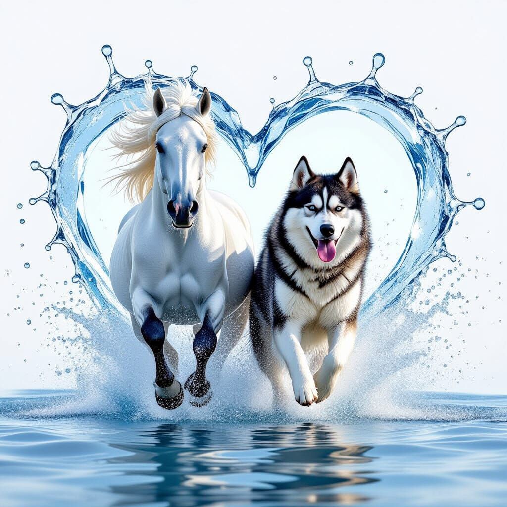 white Arabian horse and gray Alaskan Malamute