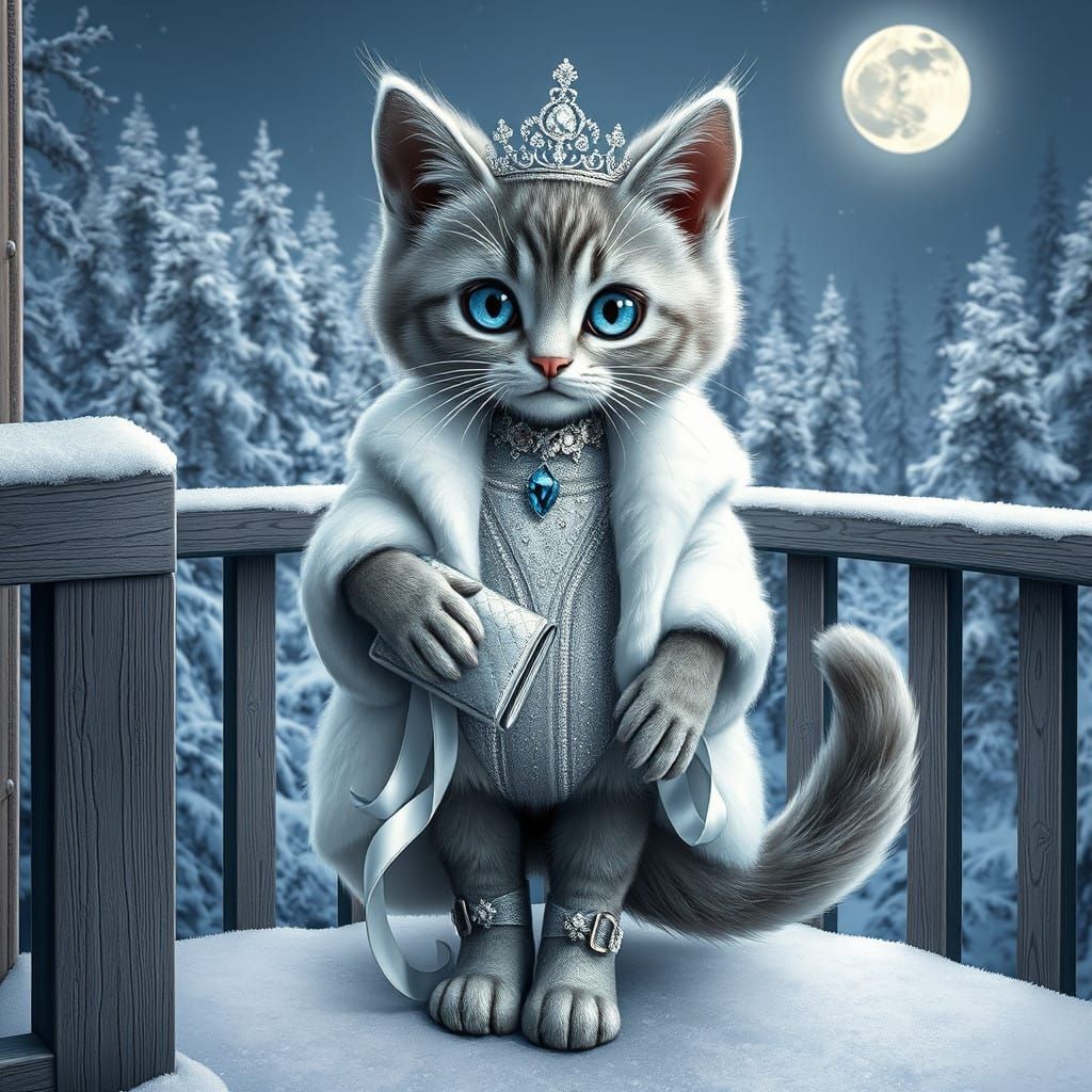 Hyper-Realistic Kitten Wears Glamorous Winter Gown in Cyberp...