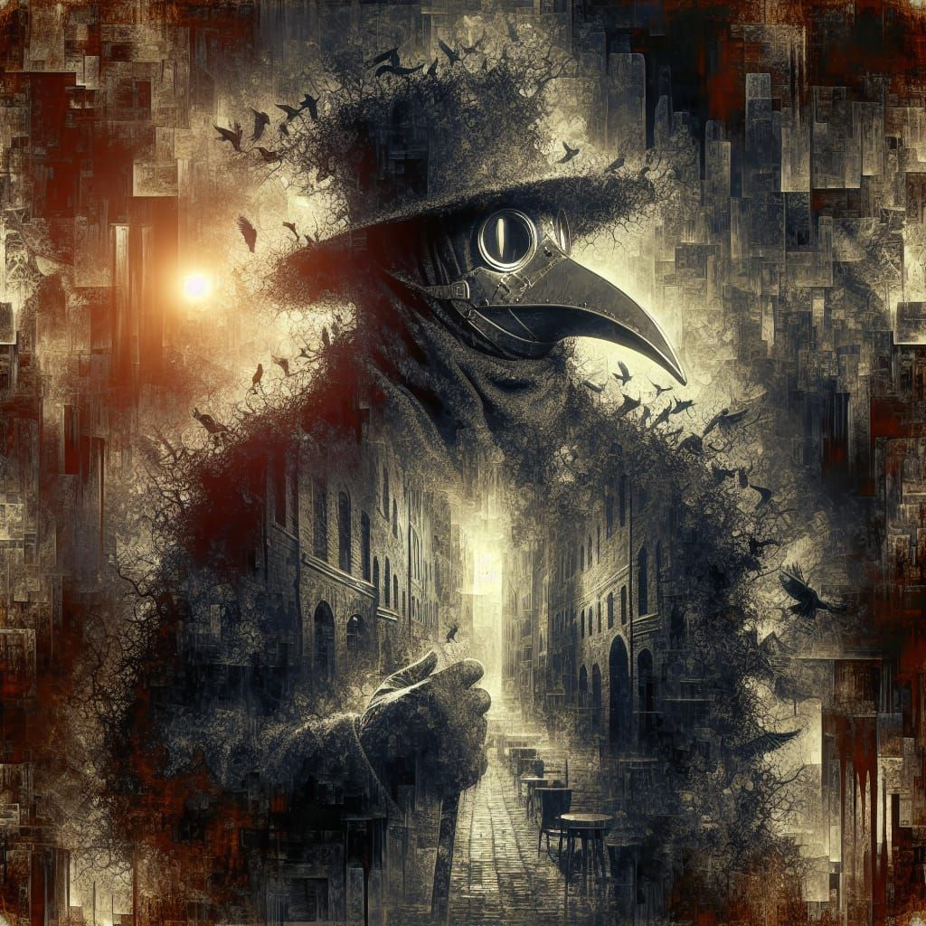 Plague Doctor Double Exposure in Maximalist Style