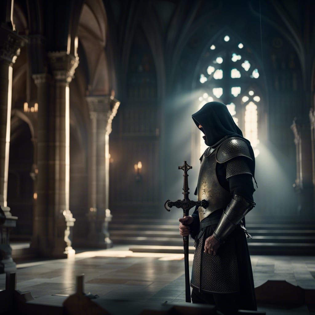 Crusader Knight's Prayer in Church, Cinematic 4K