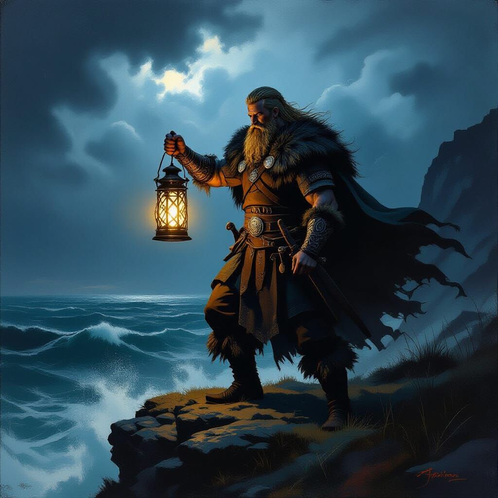 Viking Warrior with Lantern, Dramatic Lighting