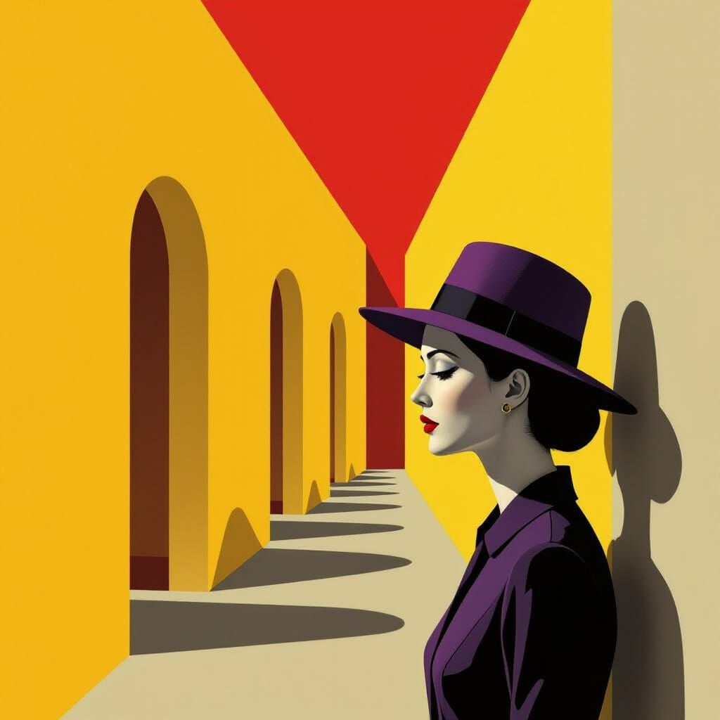 Surreal Woman in Yellow Archway with Geometric Shadows