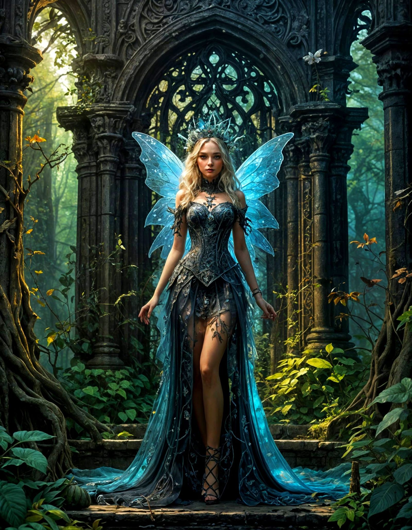 Gothic Fairy Queen in Ancient Forest Palace