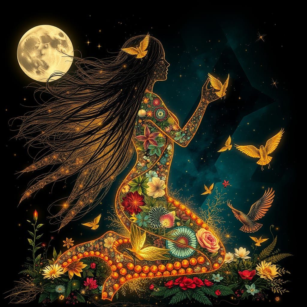 Bioluminescent Woman with Mythical Creatures in Surreal Styl...