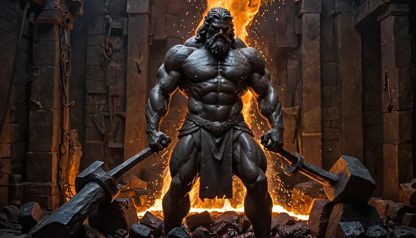 Hephaestus, God of Blacksmiths, in Volcanic Forge