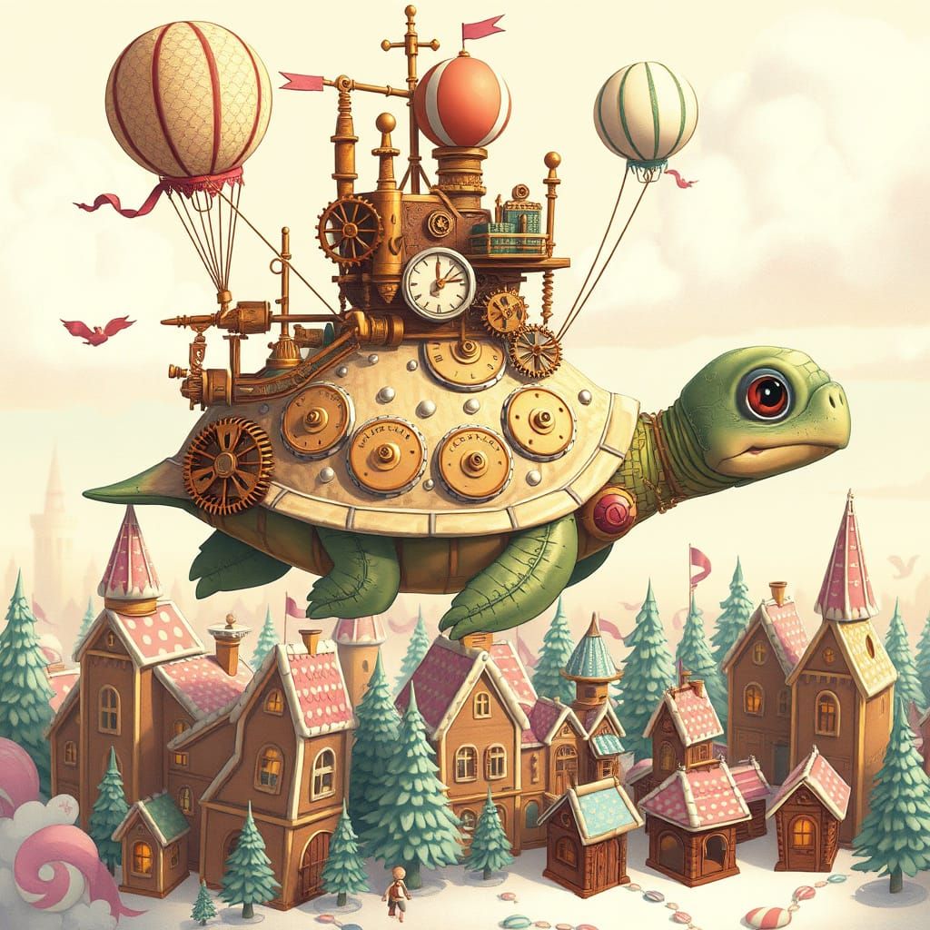 Steampunk Turtle Airship Soaring Over Gingerbread City
