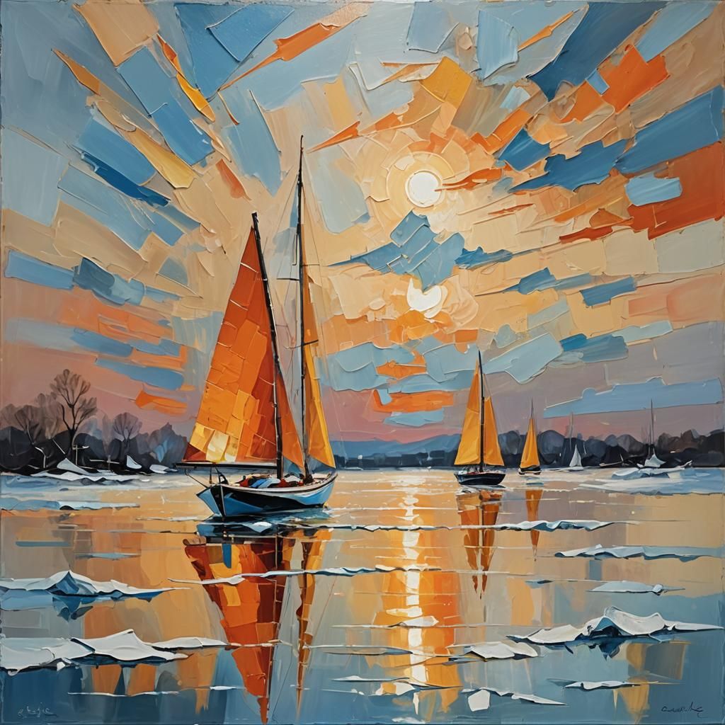 Sailboat on Icy Waters: Abstract Expressionist Sunset