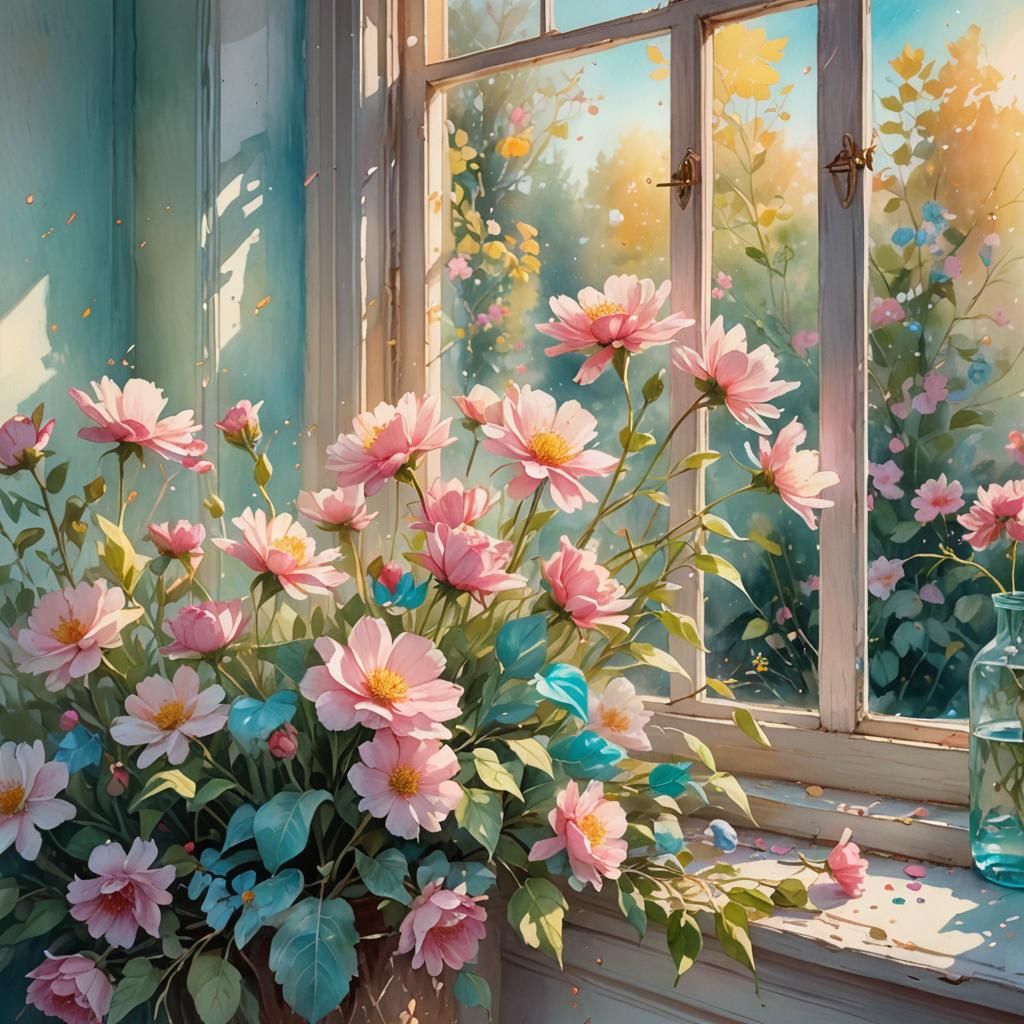 Floral Window in Watercolour with Pastel Sunlight