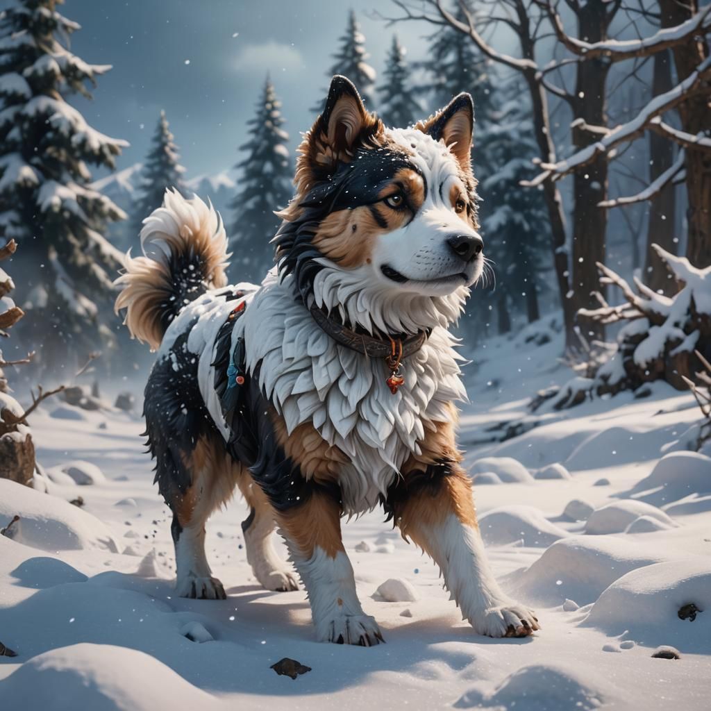 Sad Cute Snow Dog Playing in Matte Painting