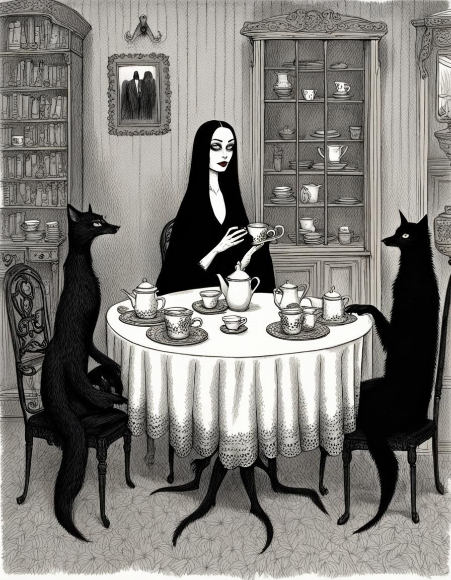 Morticia Addams' Tea Party in Gorey Style
