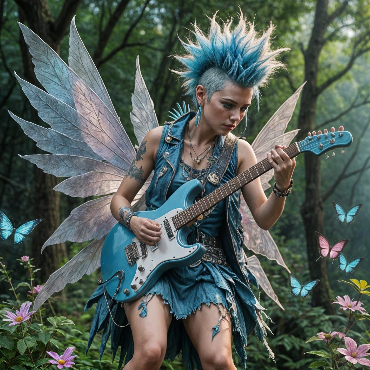 Blue Mohawk Fairy Shredding Guitar