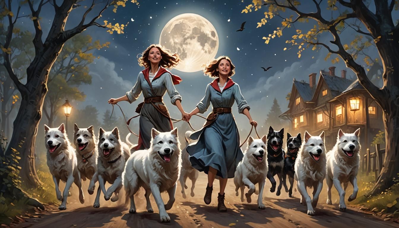 Woman Soaring with Dogs in Magical Forest