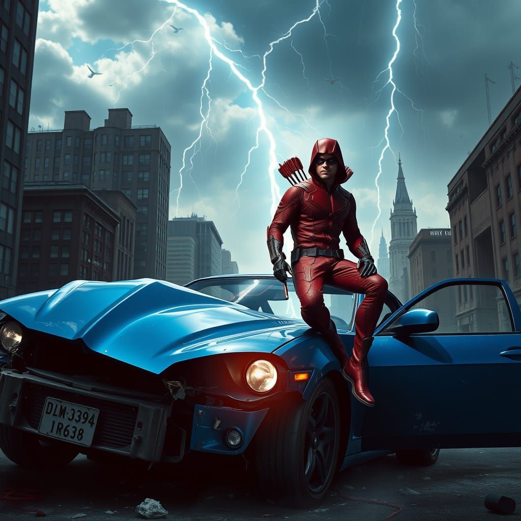Red Arrow Perched on Destroyed Car Amidst Lightning